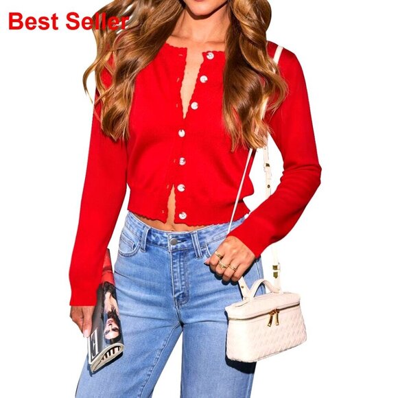 Sweaters - Long Sleeve Crop Cardigan Sweater with Ruffle Sleeves Button Front